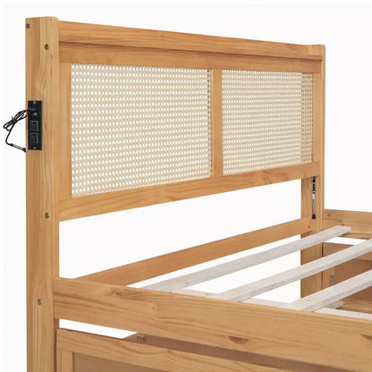 Elegant Bed Frame with Rattan Headboard and Sockets
