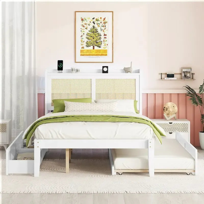 Elegant Bed Frame with Rattan Headboard and Sockets