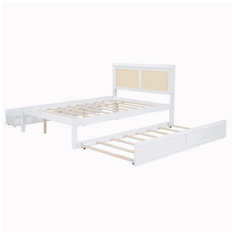 Elegant Bed Frame with Rattan Headboard and Sockets
