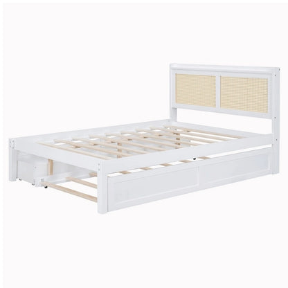 Elegant Bed Frame with Rattan Headboard and Sockets
