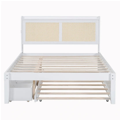 Elegant Bed Frame with Rattan Headboard and Sockets