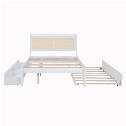 Elegant Bed Frame with Rattan Headboard and Sockets