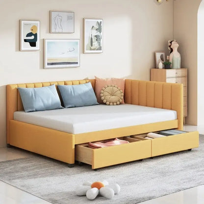 Full Size Linen Upholstered Daybed with 2 Storage Drawers, Sofa Bed