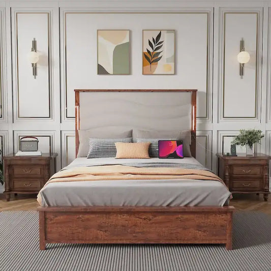 King Bed Frame with Upholstered Headboard, Charging Station, LED Lights, Wood Slats, No Box Spring Needed, Easy Assembly