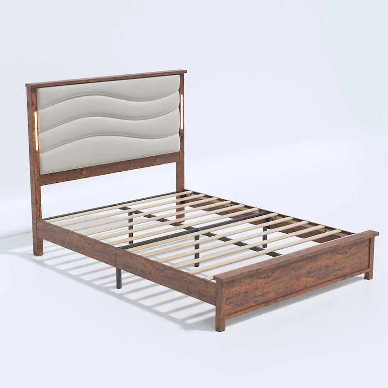 King Bed Frame with Upholstered Headboard, Charging Station, LED Lights, Wood Slats, No Box Spring Needed, Easy Assembly