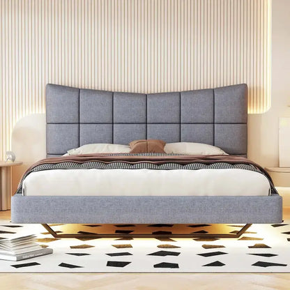 Full Size Upholstered Platform Bed with LED Lights and USB Ports