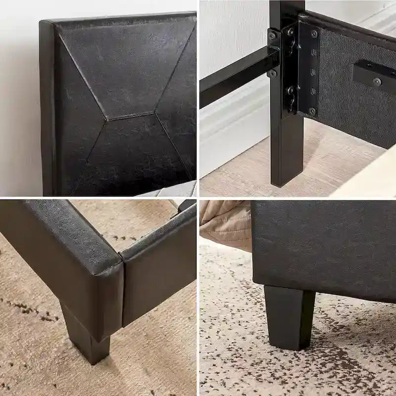 Queen Size Upholstered Platform Bed Frame ,Wood Slat Support, Easy Assembly,Black,PU