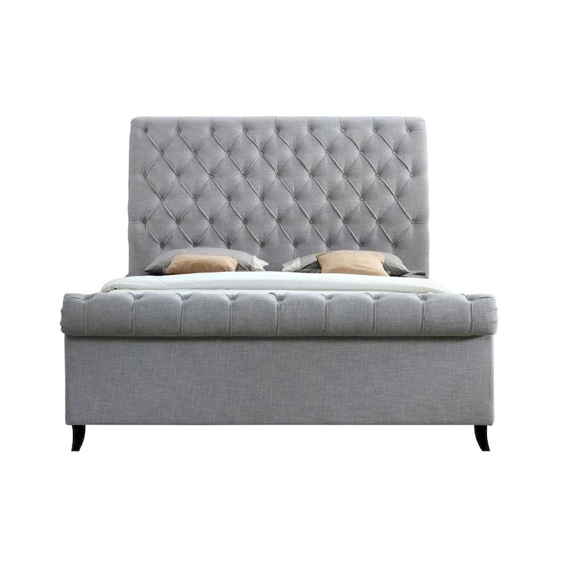 Magnolia Queen Size Bed, Tufted Upholstered Rolled Top Headboard, Gray