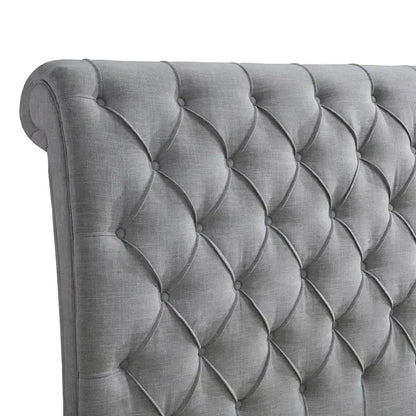 Magnolia Queen Size Bed, Tufted Upholstered Rolled Top Headboard, Gray