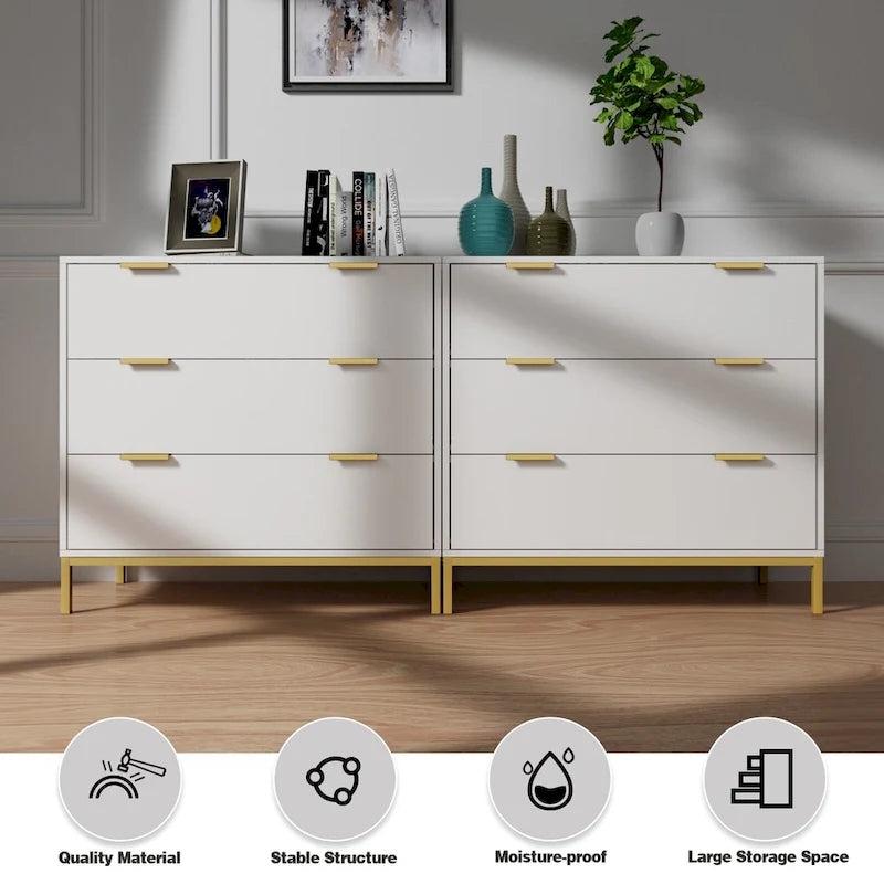 Anmytek Mid-Century Modern 3-Drawer White Dresser for Bedroom Wood Chest of Drawers