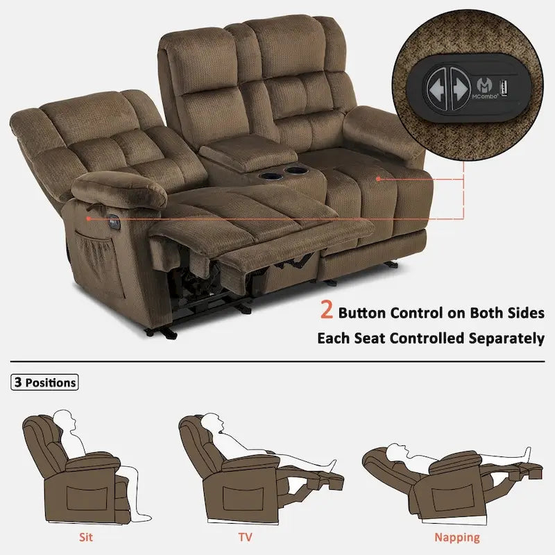 MCombo Power Loveseat Recliner with Console, Vibration and Heat, USB Charge Ports RS6234