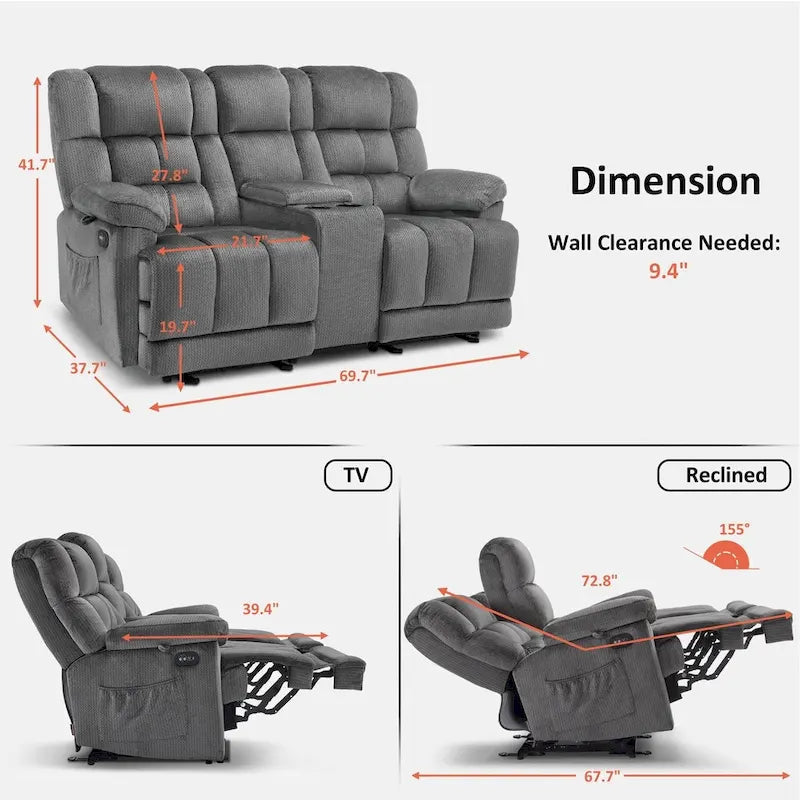 MCombo Power Loveseat Recliner with Console, Vibration and Heat, USB Charge Ports RS6234