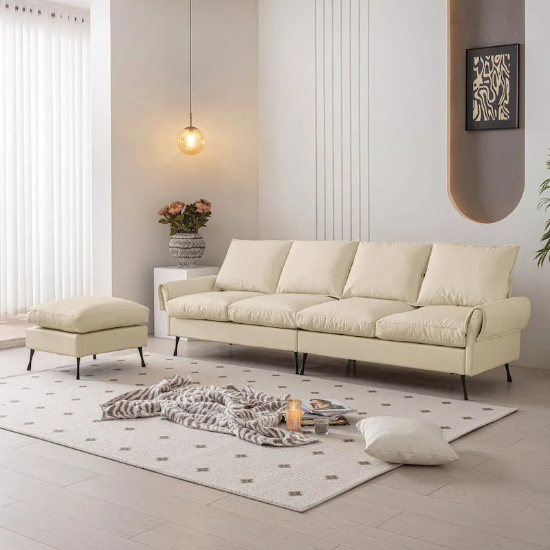 Modern Faux Leather L-Shaped Sofa with Convertible Ottoman