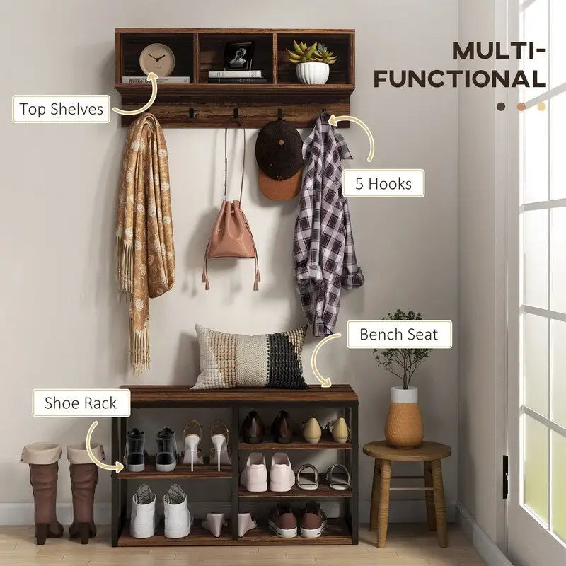 2-in-1 Hall Tree Shoe Bench Set with Coat Rack5-Hook