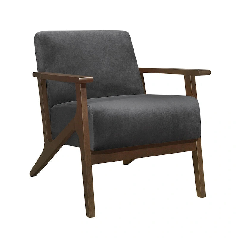 Rica 32 Inch Accent Armchair, Dark Gray Velvet, Walnut Brown Solid Wood
