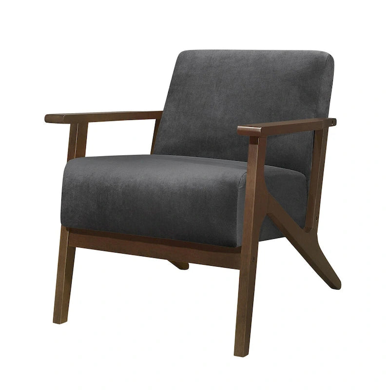 Rica 32 Inch Accent Armchair, Dark Gray Velvet, Walnut Brown Solid Wood