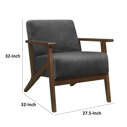 Rica 32 Inch Accent Armchair, Dark Gray Velvet, Walnut Brown Solid Wood
