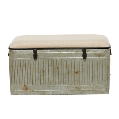 Metal Galvanized Storage Bench with Cream Burlap Top and Black Latches - Gray - Roche River Decor