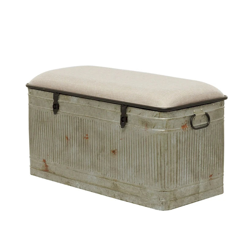 Metal Galvanized Storage Bench with Cream Burlap Top and Black Latches - Gray - Roche River Decor