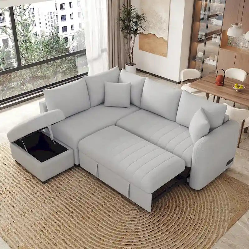 MERAX L-shaped Sectional Pull Out Sleeper Sofa with Storage Ottoman