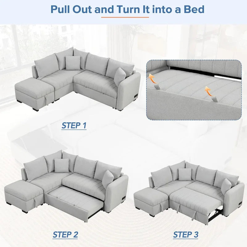 MERAX L-shaped Sectional Pull Out Sleeper Sofa with Storage Ottoman