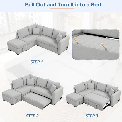 MERAX L-shaped Sectional Pull Out Sleeper Sofa with Storage Ottoman