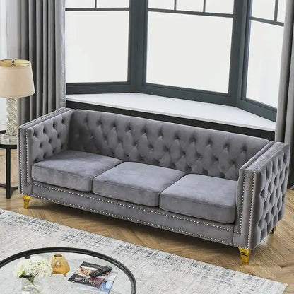 Modern Velvet Sofa Couch Upholstered Button and Metal Legs