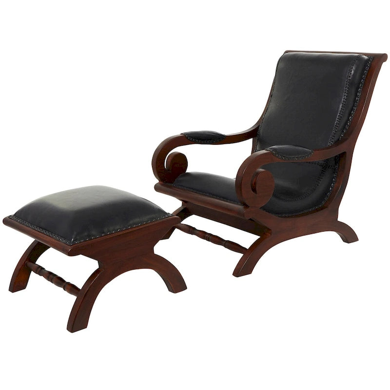 Teak Wood Handmade Upholstered Leather Accent Chair with Ottoman - Brown or Black - Roche River Decor