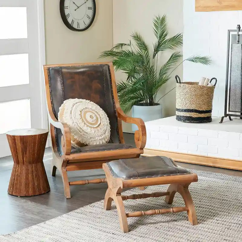 Teak Wood Handmade Upholstered Leather Accent Chair with Ottoman - Brown or Black - Roche River Decor