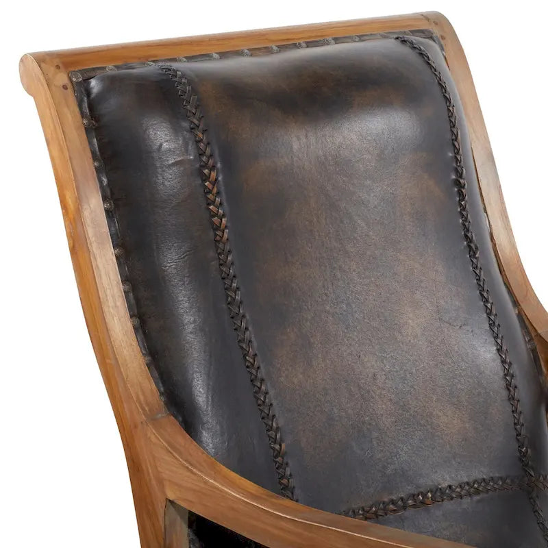Teak Wood Handmade Upholstered Leather Accent Chair with Ottoman - Brown or Black - Roche River Decor