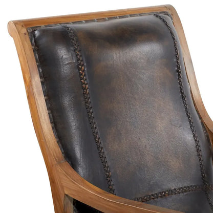 Teak Wood Handmade Upholstered Leather Accent Chair with Ottoman - Brown or Black - Roche River Decor