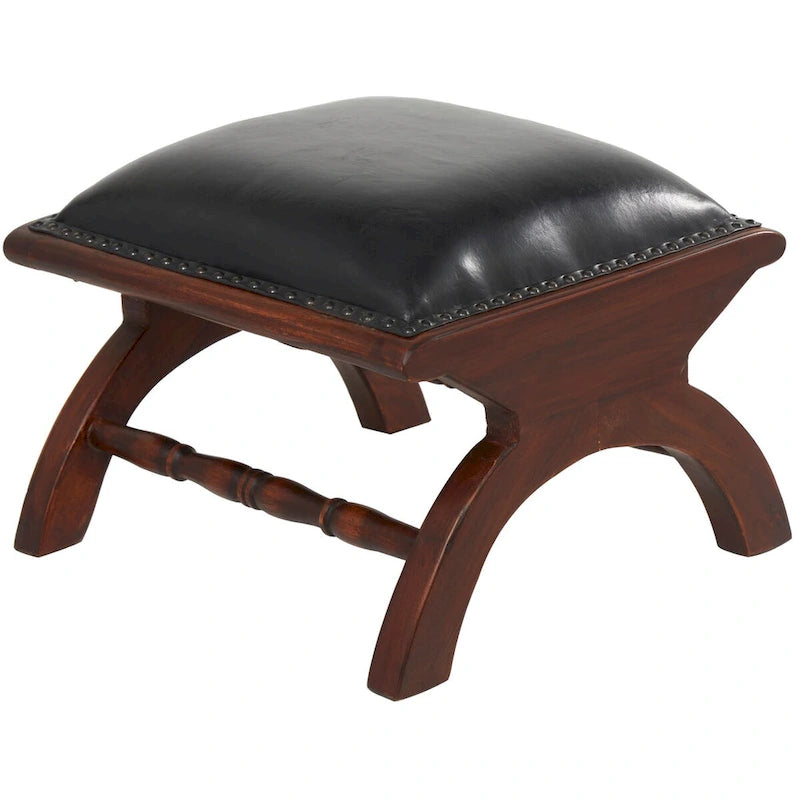 Teak Wood Handmade Upholstered Leather Accent Chair with Ottoman - Brown or Black - Roche River Decor