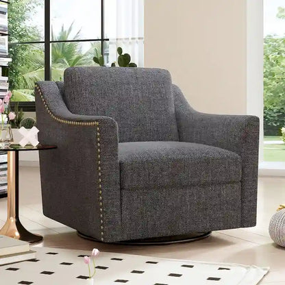 360 Degree Swivel Armchair Cotton linen fabric Ergonomic design Brass nail decorative armchair Living room chairs Black legs