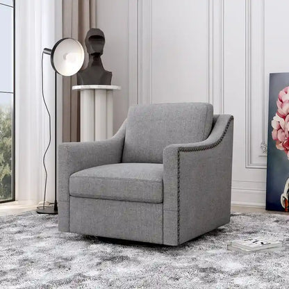 360 Degree Swivel Armchair Cotton linen fabric Ergonomic design Brass nail decorative armchair Living room chairs Black legs