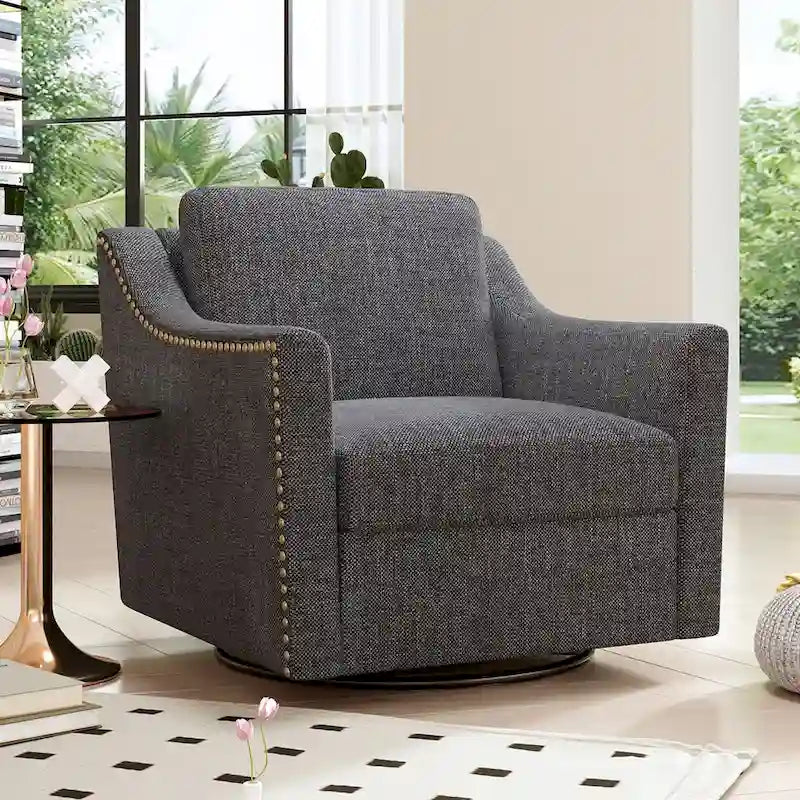 360 Degree Swivel Armchair Cotton linen fabric Ergonomic design Brass nail decorative armchair Living room chairs Black legs