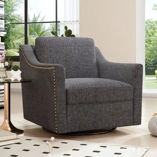 360 Degree Swivel Armchair Cotton linen fabric Ergonomic design Brass nail decorative armchair Living room chairs Black legs