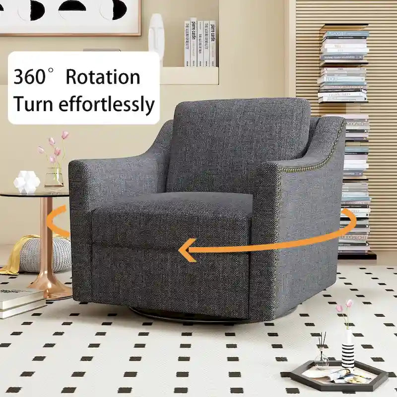 360 Degree Swivel Armchair Cotton linen fabric Ergonomic design Brass nail decorative armchair Living room chairs Black legs