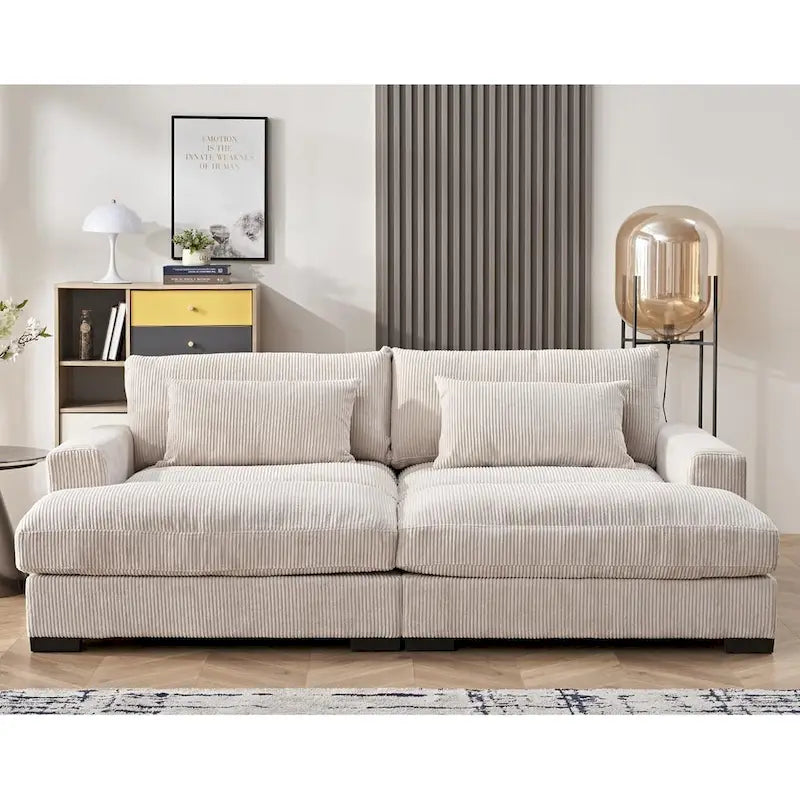 Luxury Sleeper Sofa with Soft Corduroy Upholstery Double Chaise Design Convertible to Twin Size Bed Extra Large