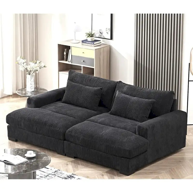 Luxury Sleeper Sofa with Soft Corduroy Upholstery Double Chaise Design Convertible to Twin Size Bed Extra Large