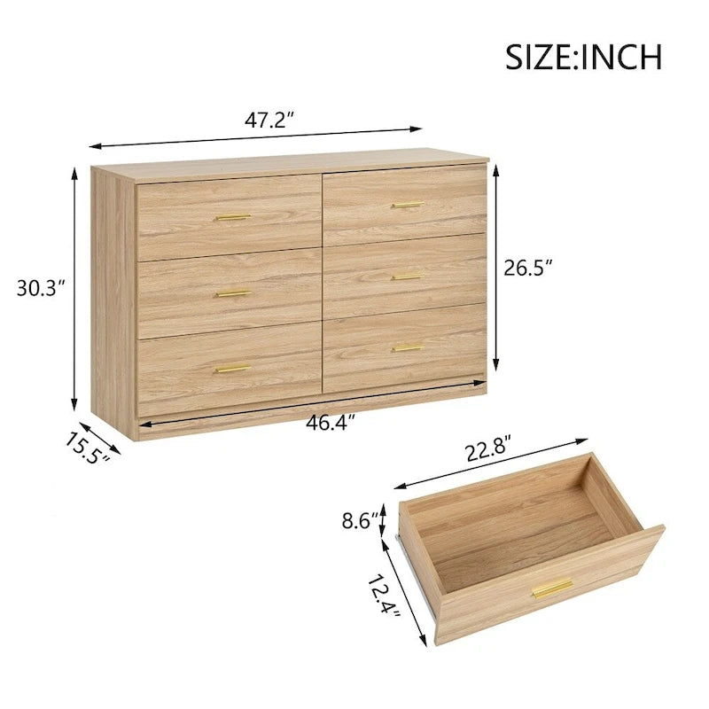 Modern 6-Drawer Dresser for Bedroom - Ample Storage Wide Chest of Drawers, Sturdy &amp; Safe