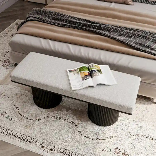 Upholstered Bench with Black Chunky Legs Light Gray Boucle Fabric Contemporary Style Bed-end Bench for Bedroom Living Room