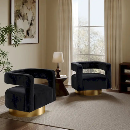 Upholstered Black Velvet Open Back Club Chair with Gold Base - 26.8 H x 29.5 W x 26 D