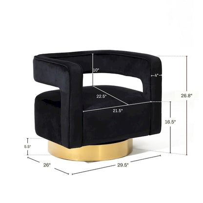Upholstered Black Velvet Open Back Club Chair with Gold Base - 26.8 H x 29.5 W x 26 D