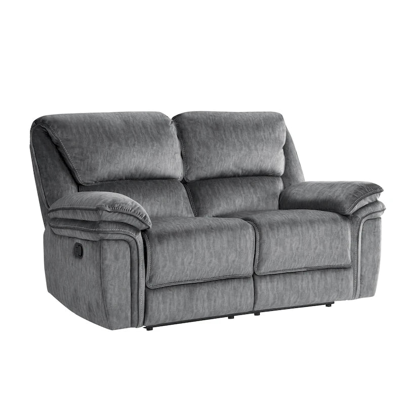 Muir 65 Inch Manual Recliner Loveseat, Tufted Gray Microfiber, Solid Wood