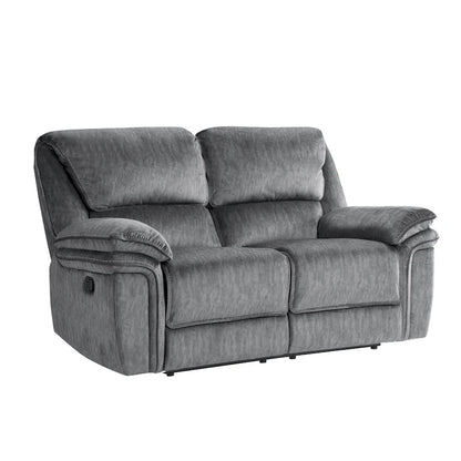 Muir 65 Inch Manual Recliner Loveseat, Tufted Gray Microfiber, Solid Wood