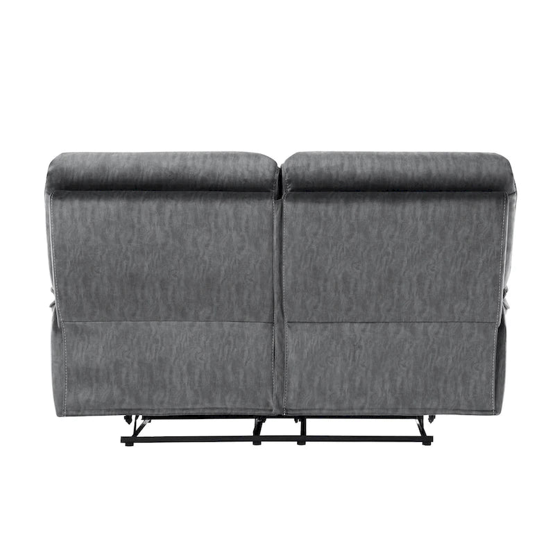 Muir 65 Inch Manual Recliner Loveseat, Tufted Gray Microfiber, Solid Wood