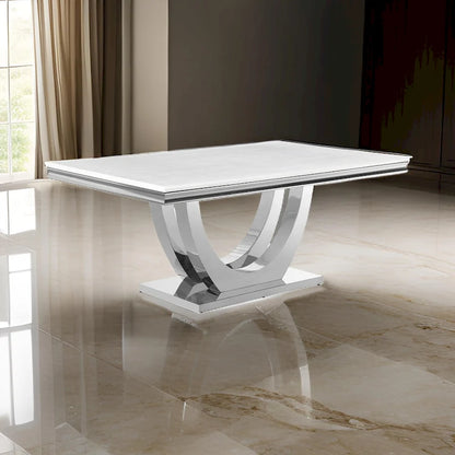 71 Inch Dining Table, Rectangular White Faux Marble Top, Pedestal Base