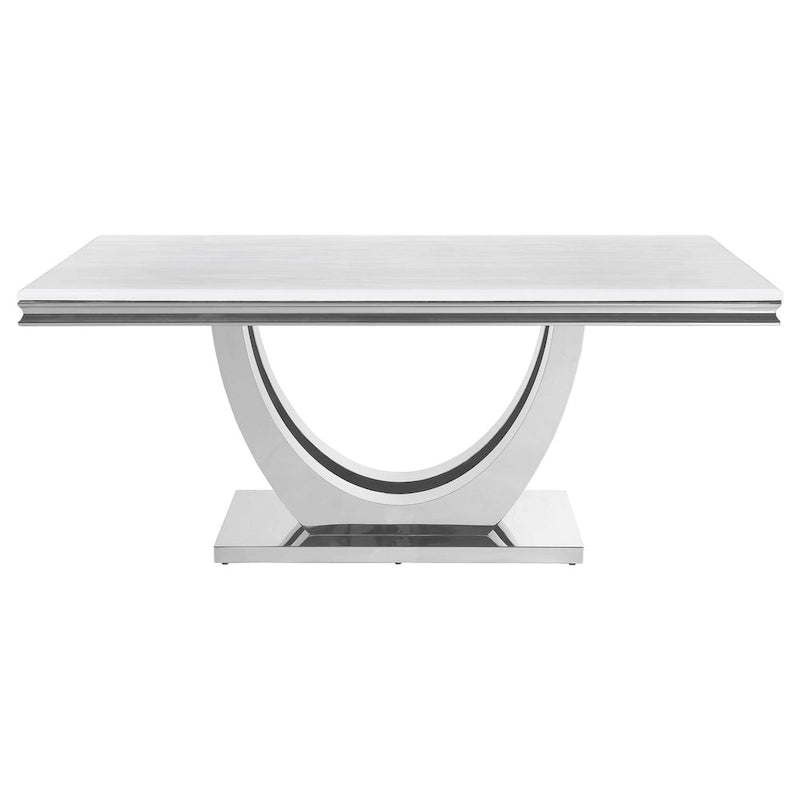 71 Inch Dining Table, Rectangular White Faux Marble Top, Pedestal Base
