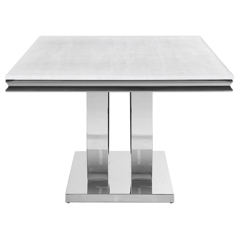 71 Inch Dining Table, Rectangular White Faux Marble Top, Pedestal Base