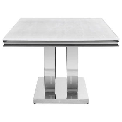 71 Inch Dining Table, Rectangular White Faux Marble Top, Pedestal Base